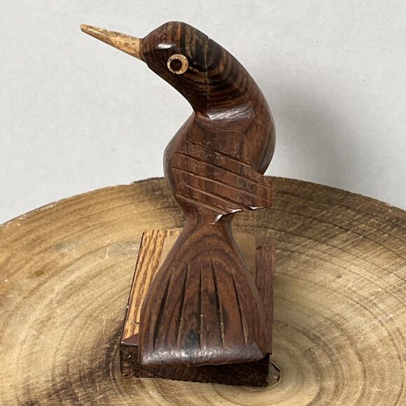 Vintage MCM 1960s Hand Carved Figural Wooden Bird On Stand Big Eyes Hand Made - Picture 7 of 8